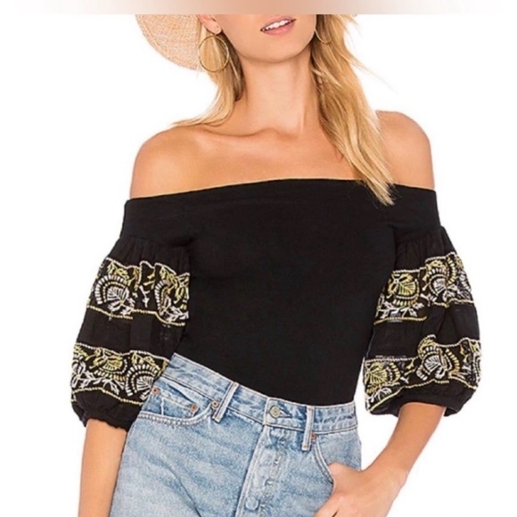 Free People Tops - Free People Rock with it Black Puff sleeve off shoulder embroidered top Sz Med